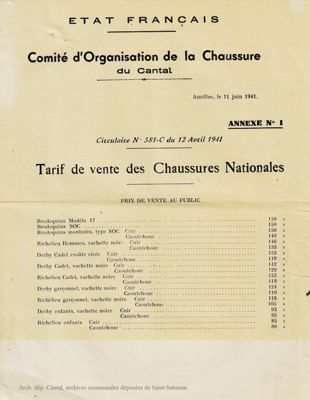 Tarif de vente des Chaussures Nationales
