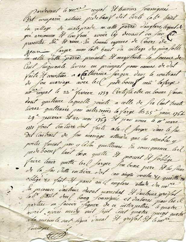 Quittance de 150 livres donnée par Antoine Pedebeuf dit Berti à Jean Sarger, tous deux d'Anglards-de-Salers (1784)