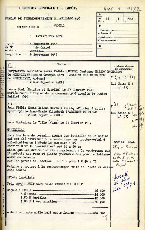 Vente d’un cinquième de la Dorinière par Marguerite d’Ussel, comtesse Masson-Bachasson de Montalivet, à son frère Jean