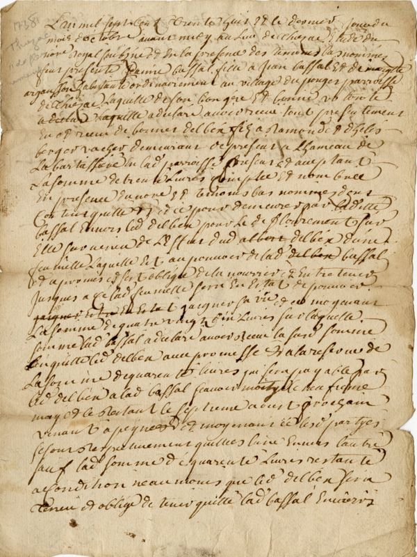 Obligation de Bonnet Delbex : recto (1738)