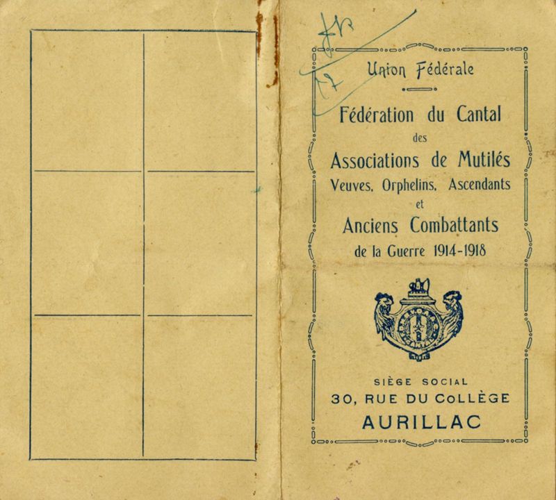Carte de membre de l’Union fraternelle des mutilés de la guerre du Cantal