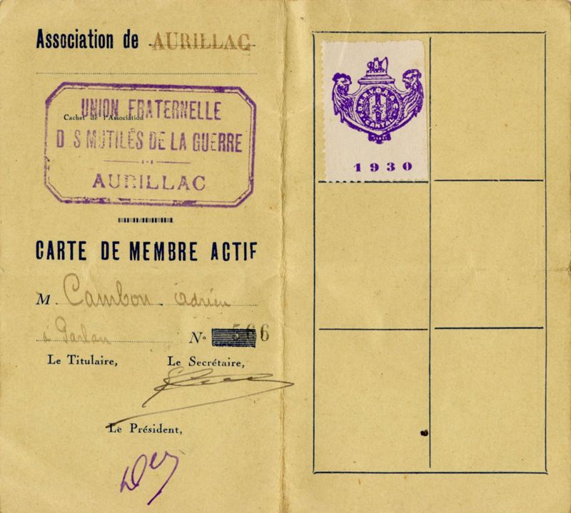 Carte de membre de l’Union fraternelle des mutilés de la guerre du Cantal