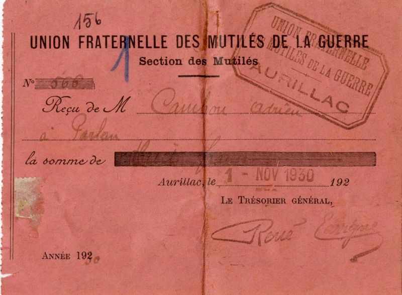 Reçu de l’Union fraternelle des mutilés de la guerre du Cantal