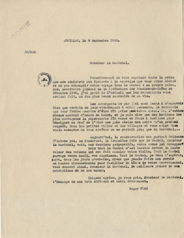 Courrier du préfet du Cantal à Pétain