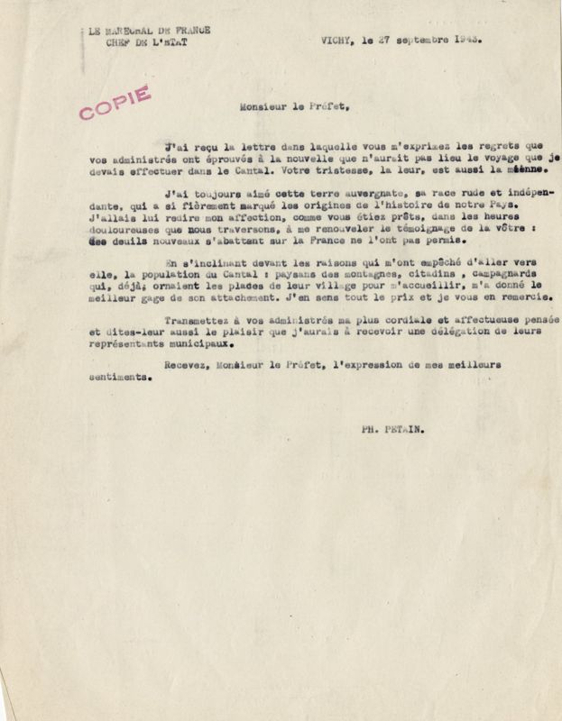 Courrier de Pétain au préfet du Cantal