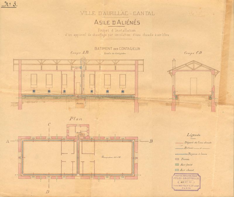 Plan du projet de chauffage par circulation d'eau chaude (1890)