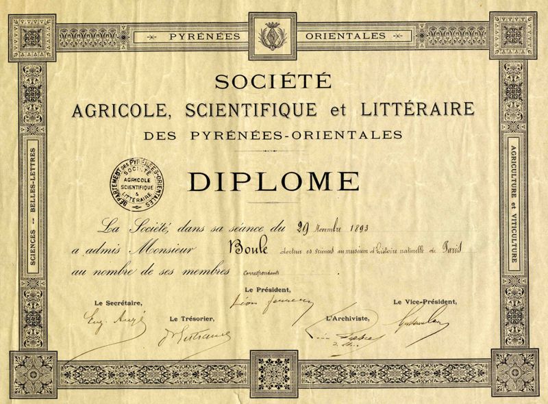Diplôme de la société agricole, scientifique et littéraire des Pyrénées-orientales