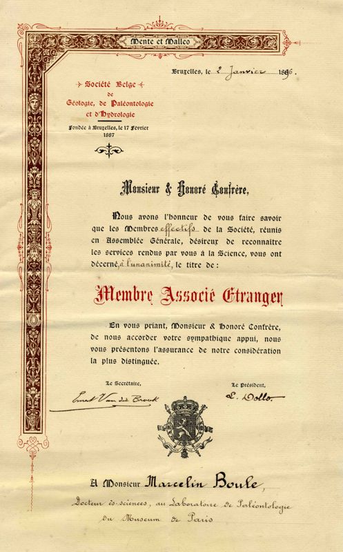 Diplôme de membre associé étranger de la société belge de géologie, de paléontologie et d'hydrologie (Belgique)
