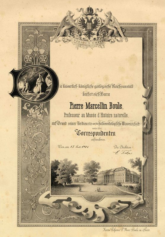 Diplôme de membre correspondant de la société géologique impériale de Vienne (Autriche-Hongrie)
