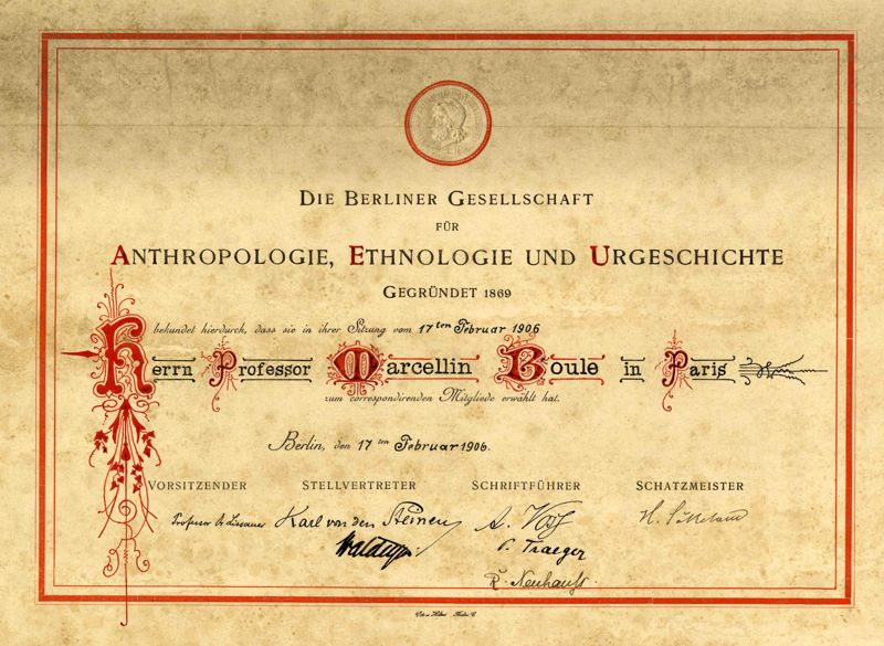 Diplôme de membre correspondant de la société berlinoise d’Anthropologie, d’ethnologie et de préhistoire (Empire d’Allemagne)