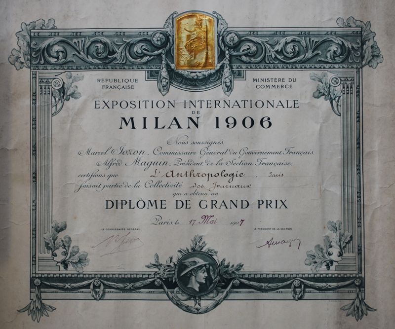 Grand prix de l’exposition universelle de Milan décerné à la revue L’anthropologie (France-Italie)