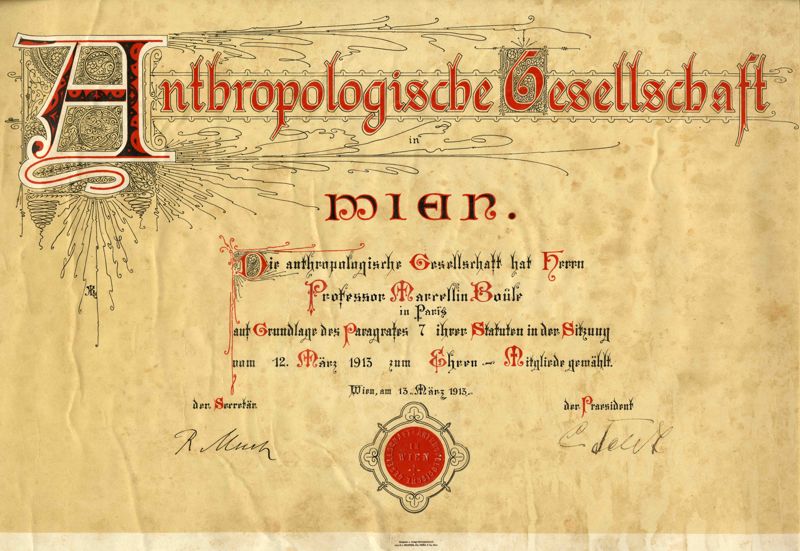Diplôme de membre d’honneur de la société d’anthropologie de Vienne (Autriche)