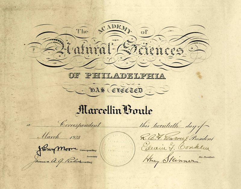 Diplôme de membre correspondant de l’académie des sciences naturelles de Philadelphie (Etats-Unis d’Amérique)