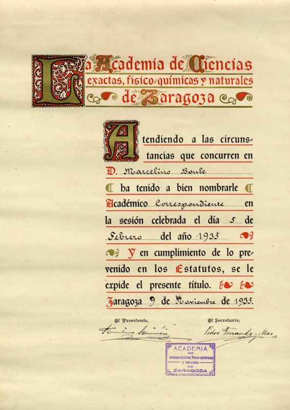 Diplôme de membre correspondant de l’académie des sciences de Saragosse (Espagne)