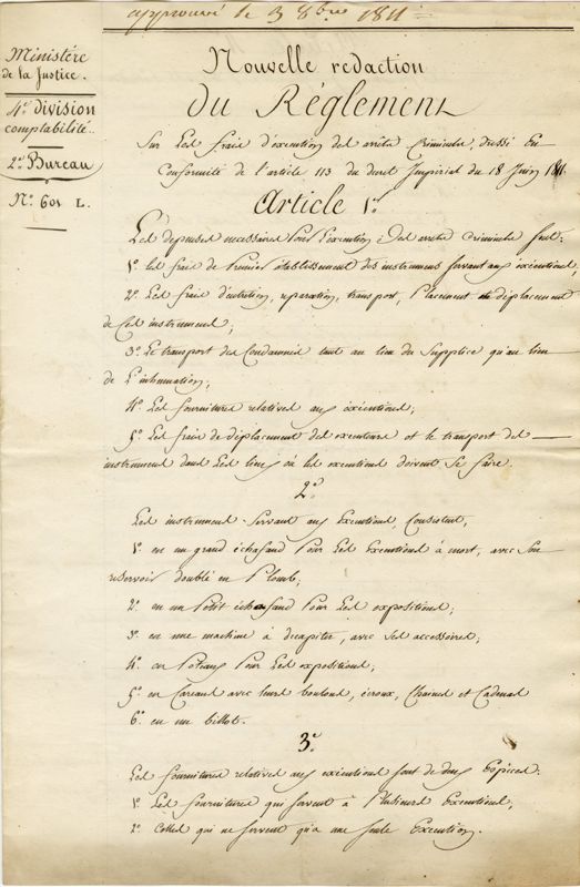 Nouveau règlement sur les frais d’exécution des arrêts criminels (1811)