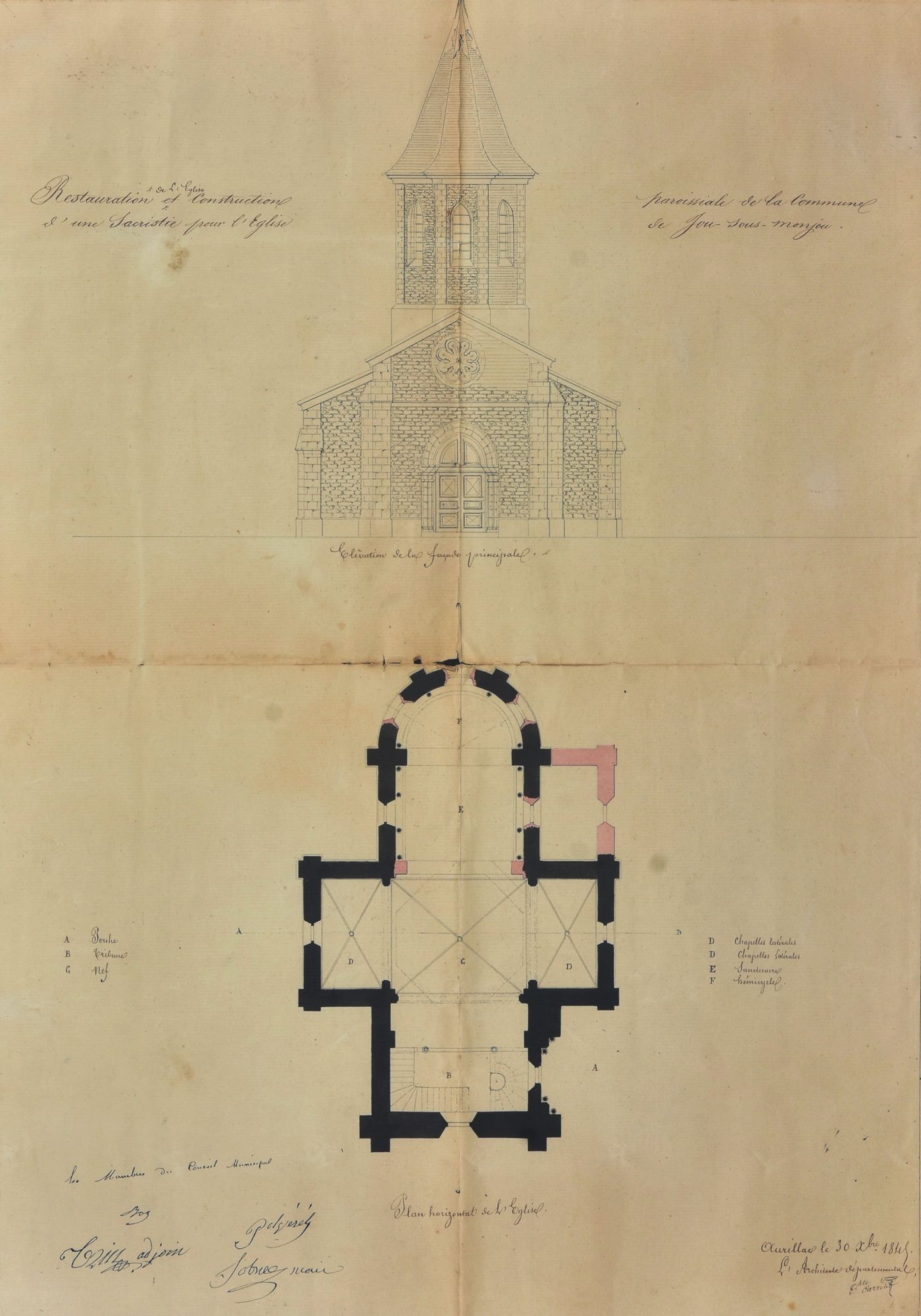 Plan et coupe de l'église projetée signé T. Carriat (1845)