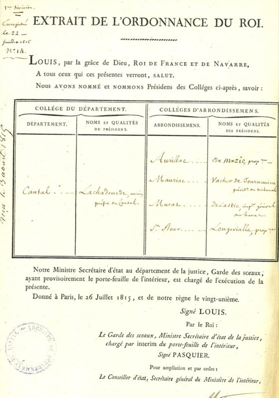Extrait de l’ordonnance du Roi, 26 juillet 1815 (cote ADC : 7 M 1)