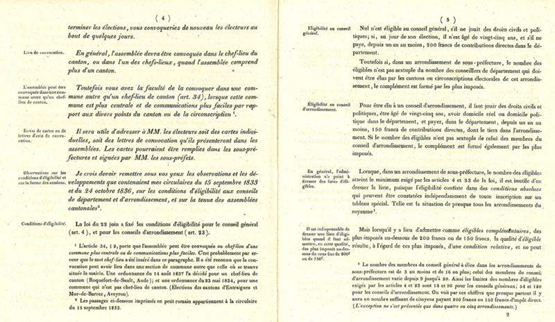 Extraits des instructions pour le renouvellement des conseils départementaux et d’arrondissements, 1839 (cote ADC 7 M 2)