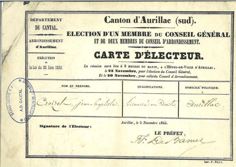 Carte d’électeur, élection au conseil départemental et au conseil d’arrondissement (canton d’Aurillac sud), 23 et 30 novembre 1845 (cote ADC 6 J 85)