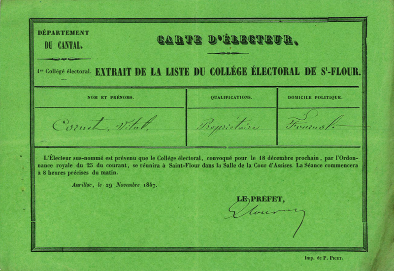 Carte d’électeur, élections législatives partielles (arrondissement de Saint-Flour), 18-20 décembre 1847 (cote ADC 7 M 3)