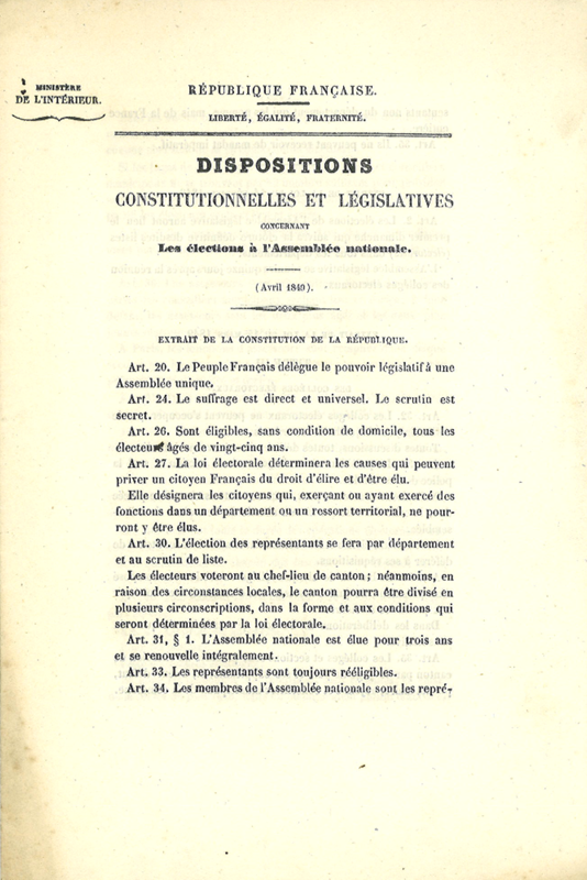 Extraits des dispositions constitutionnelles et législatives. Le déroulement du scrutin (cote ADC 7 M 3)