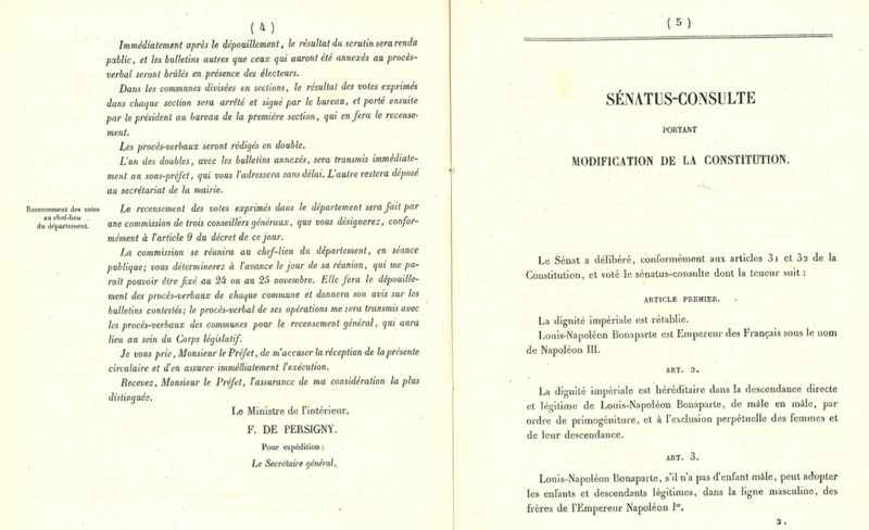 Instructions officielles du ministre de l’Intérieur aux préfets, 7 novembre 1852 (cote ADC 2 M 1)