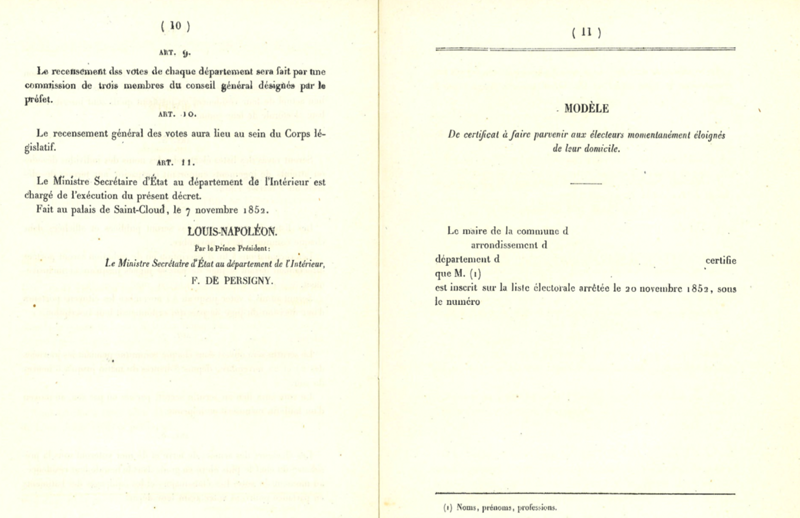 Instructions officielles du ministre de l’Intérieur aux préfets, 7 novembre 1852 (cote ADC 2 M 1)