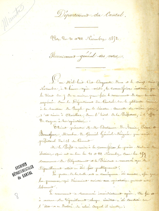 Recensement général des votes dans le département du Cantal (cote ADC 2 M 1)