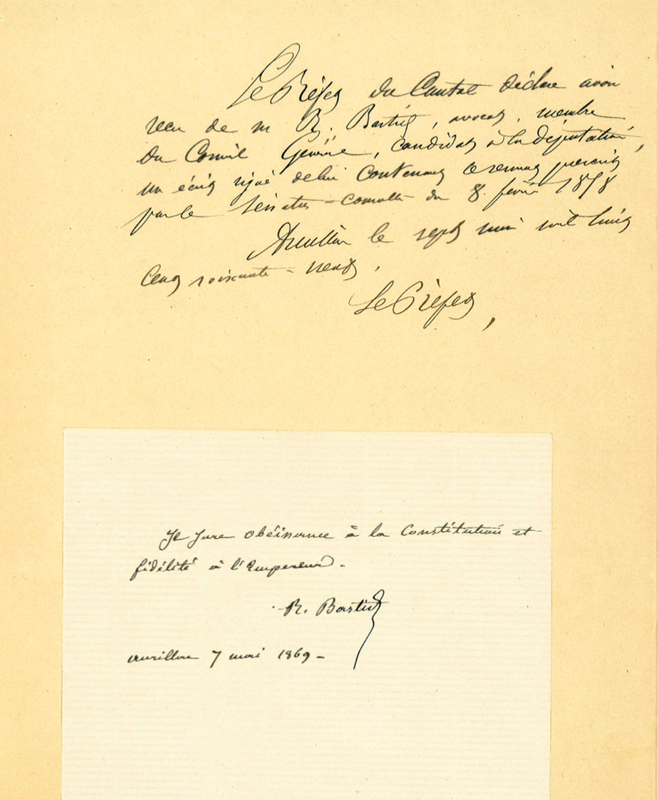 Déclaration de fidélité à l’empereur de Raymond Bastid pour se porter candidat aux élections législatives dans la 1ère circonscription du Cantal (Aurillac), 7 mai 1869 (cote ADC 7 M 5)