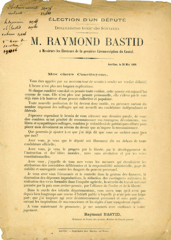 Déclaration du candidat Raymond Bastid avant le deuxième tour de scrutin des élections législatives, 28 mai 1869 (cote ADC Cantal 7 M 5)