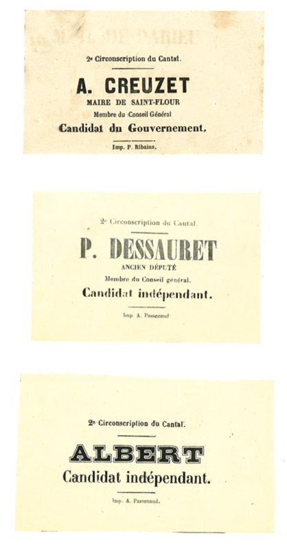 Bulletins de vote pour les élections législatives de 1869 dans la 2ème circonscription du Cantal : candidat officiel et candidats indépendants (cote ADC 7 M 5)
