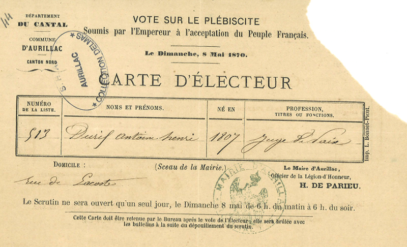 Carte d’électeur (cote ADC 27 J 184)