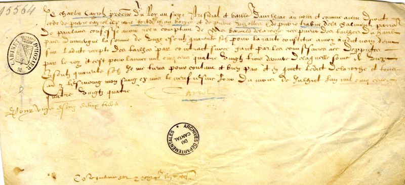 Quittance donnée par Charles Cayrols, procureur du roi au présidial d’Aurillac, d’une somme de 11 écus 40 sols à lui versée par Béraud de la Roche, receveur des tailles de Haute-Auvergne, en paiement d’une rente sur la recette des tailles