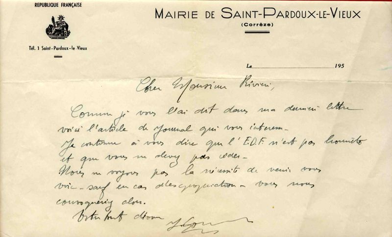Lettre du maire de Saint-Pardoux-le-Vieux (Corrèze) à Paul Rivière