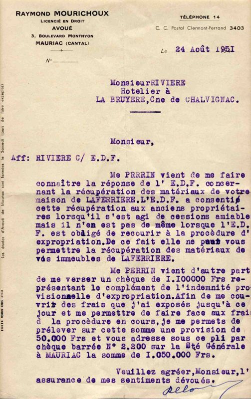Lettre de Raymond Mourichoux, avoué à Mauriac, à Paul Rivière