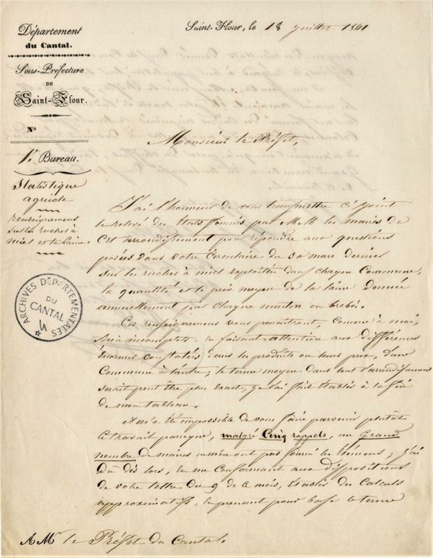 Réponse du sous-préfet de Saint-Flour (18 juillet 1841)