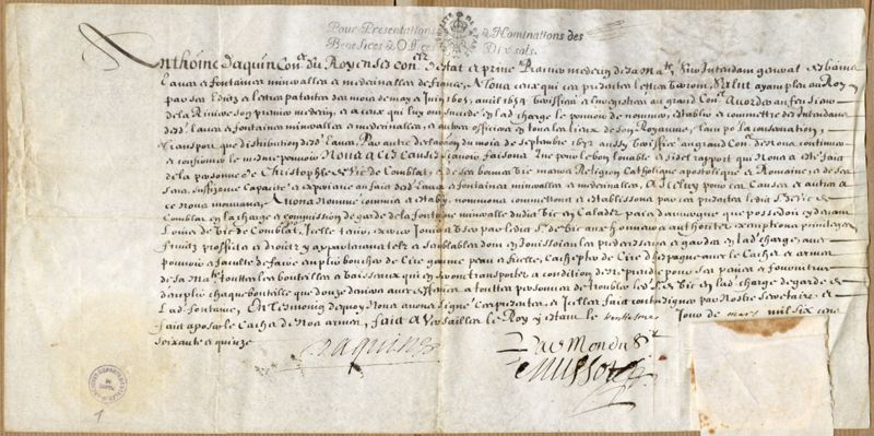 Lettres patentes de garde  de la fontaine minérale de Vic en Carladez (1675)