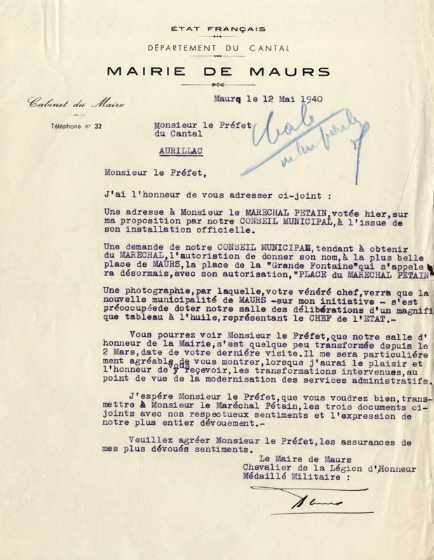 Courrier du maire de Maurs au Maréchal Pétain