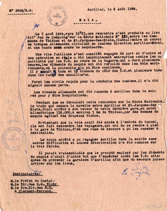 Note des renseignements généraux sur les combats entre maquisards et troupes allemandes entre Thiézac et Saint-Jacques-des-Blats