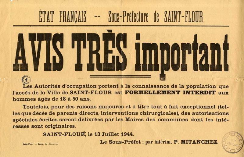 Affiche interdisant l'accès à la ville de Saint-Flour aux hommes