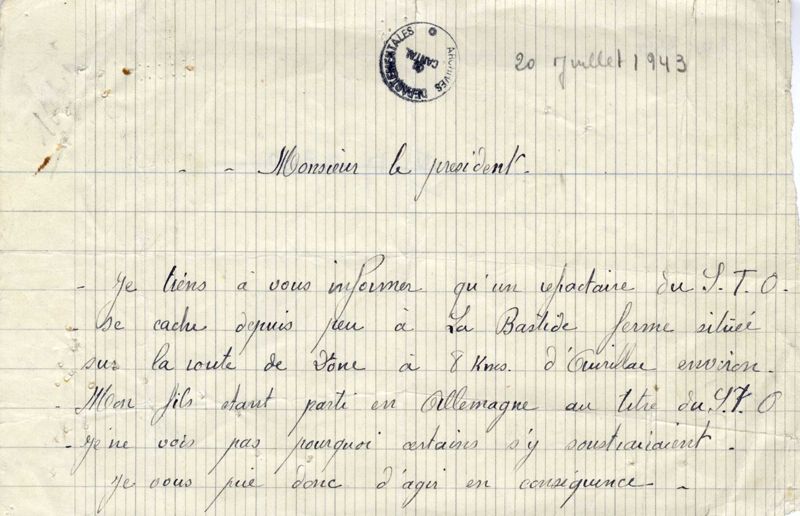 Lettre de dénonciation anonyme d'un réfractaire au STO