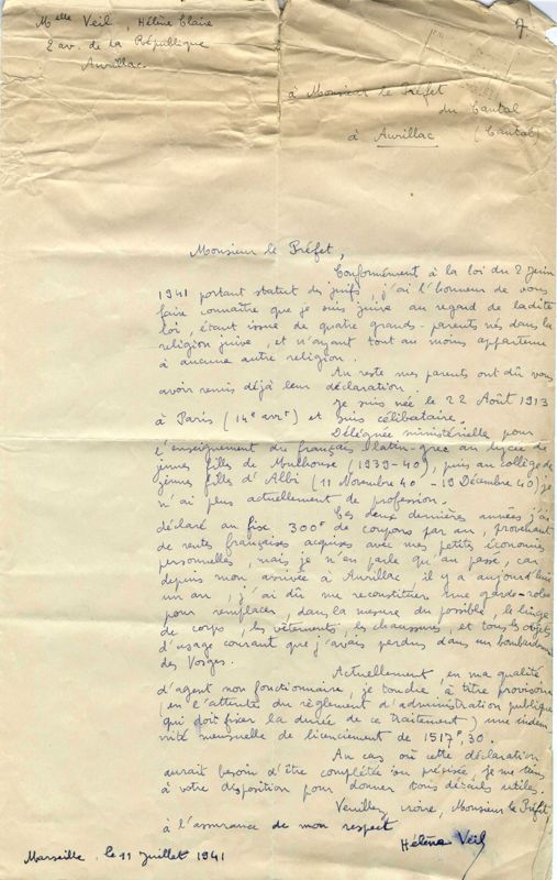 Lettre d'auto-déclaration d'une personne juive au préfet