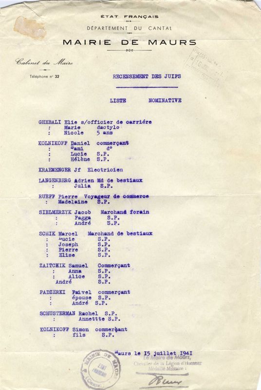 Liste de recensement des juifs de la commune de Maurs