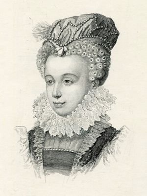 Portrait de la reine Marguerite de Valois, gravure anonyme d’après François Clouet, tirée de l’Hôtel de la Reine Marguerite, Charles Duplomb, éd. Léon Willem, Paris, 1881.