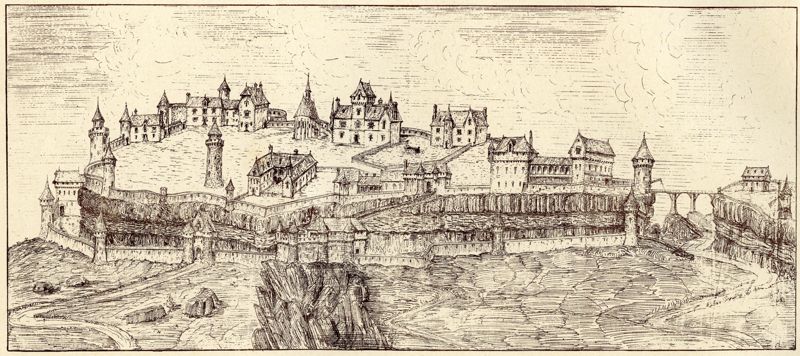 Tentative de reconstitution du château de Carlat avant sa destruction : gravure anonyme du XIXe siècle (ADC, Archives de la SHA).
