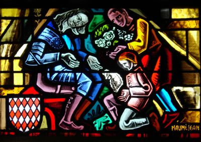 Vitrail représentant deux tenanciers de Caylus faisant au prince Honoré II des présents de joyeux avènement, 1957, église de Vézels (cliché T. Fouilleron). 