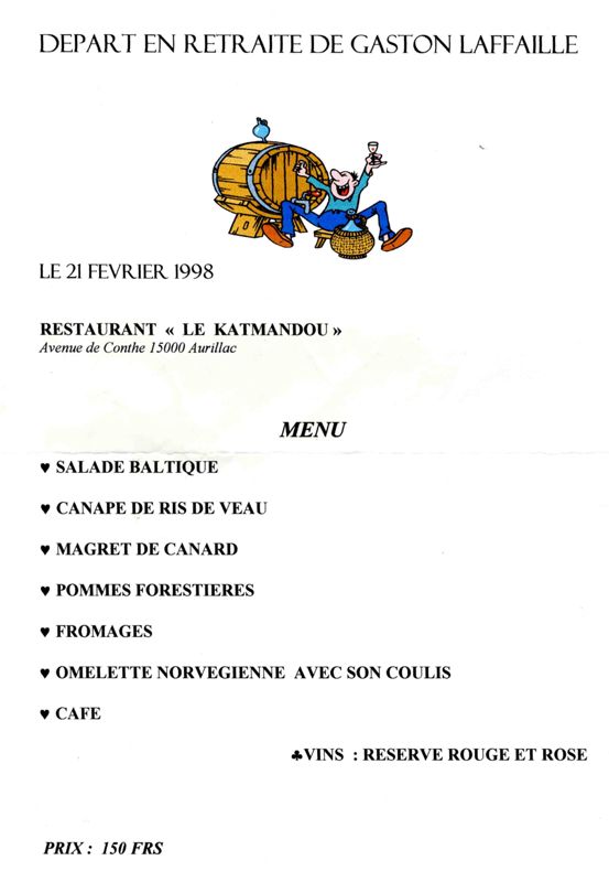 Menu du repas organisé au restaurant "Le Katmandou"