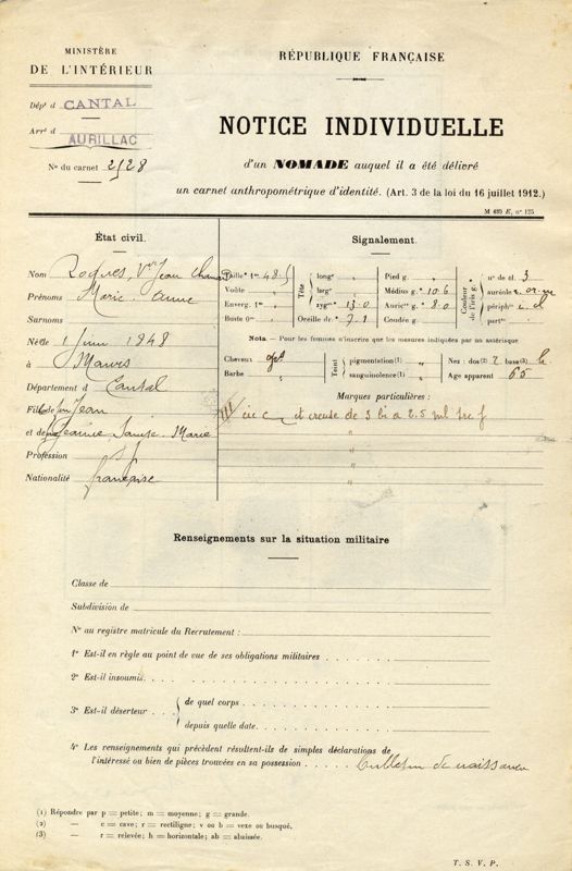 Notice individuelle de nomade de Marie-Anne Roques