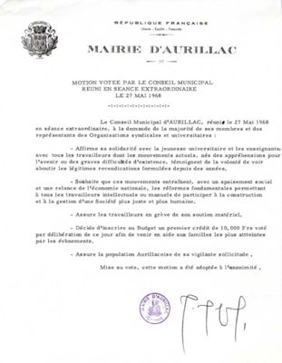 Motion de la mairie d'Aurillac (cote ADC : 3 SC 10491)