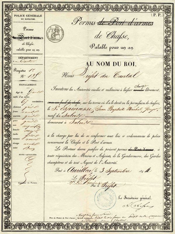 Le permis de chasse du sieur Espinasse (3 septembre 1844)
